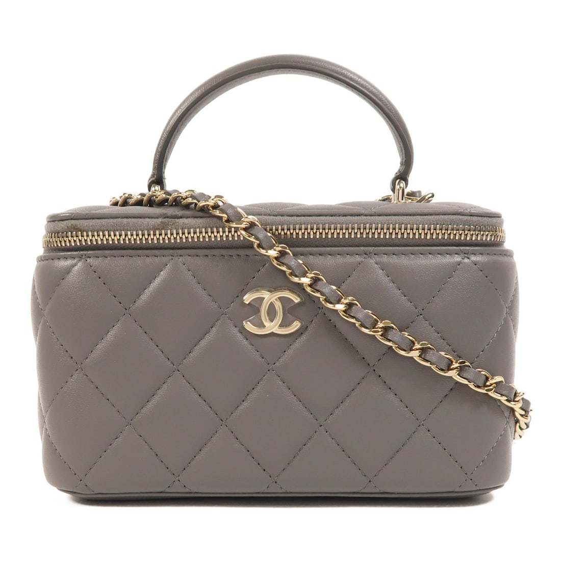 Chanel Grey Lambskin Leather Vanity Bag with Gold Hardware Two Way Strap: Chanel Grey Lambskin Leather Vanity Bag with Gold Hardware Two Way Strap This CHANEL CC vanity case is crafted from luxurious lambskin leather in a sophisticated gray color. Designed as a versatile 2-