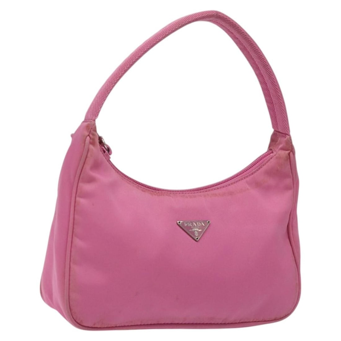 Pink Nylon Prada Hobo Shoulder Bag for Women: Pink Nylon Prada Hobo Shoulder Bag for Women This Prada Hobo Tessuto handbag features a pink nylon exterior with a hobo silhouette, designed specifically for female use. Made in Italy, the bag measure