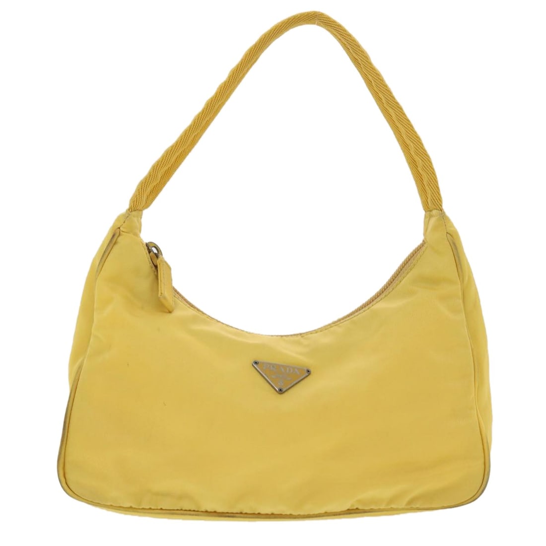 Yellow Nylon Prada Hobo Bag 20cm by 12cm by 6cm Female Italy: Yellow Nylon Prada Hobo Bag 20cm by 12cm by 6cm Female Italy This Prada Hobo bag for women features a yellow nylon construction with a compact design. It shows signs of wear including rubbing on the e