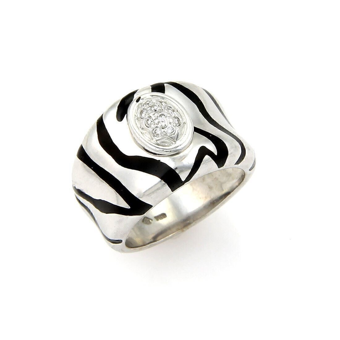 Size 5 Diamond and Enamel 18k White Gold Band by H Stern: Size 5 Diamond and Enamel 18k White Gold Band by H Stern This H. Stern band ring features a striped design with diamonds and enamel, crafted in 18k white gold. The ring is signed by H. Stern and is an