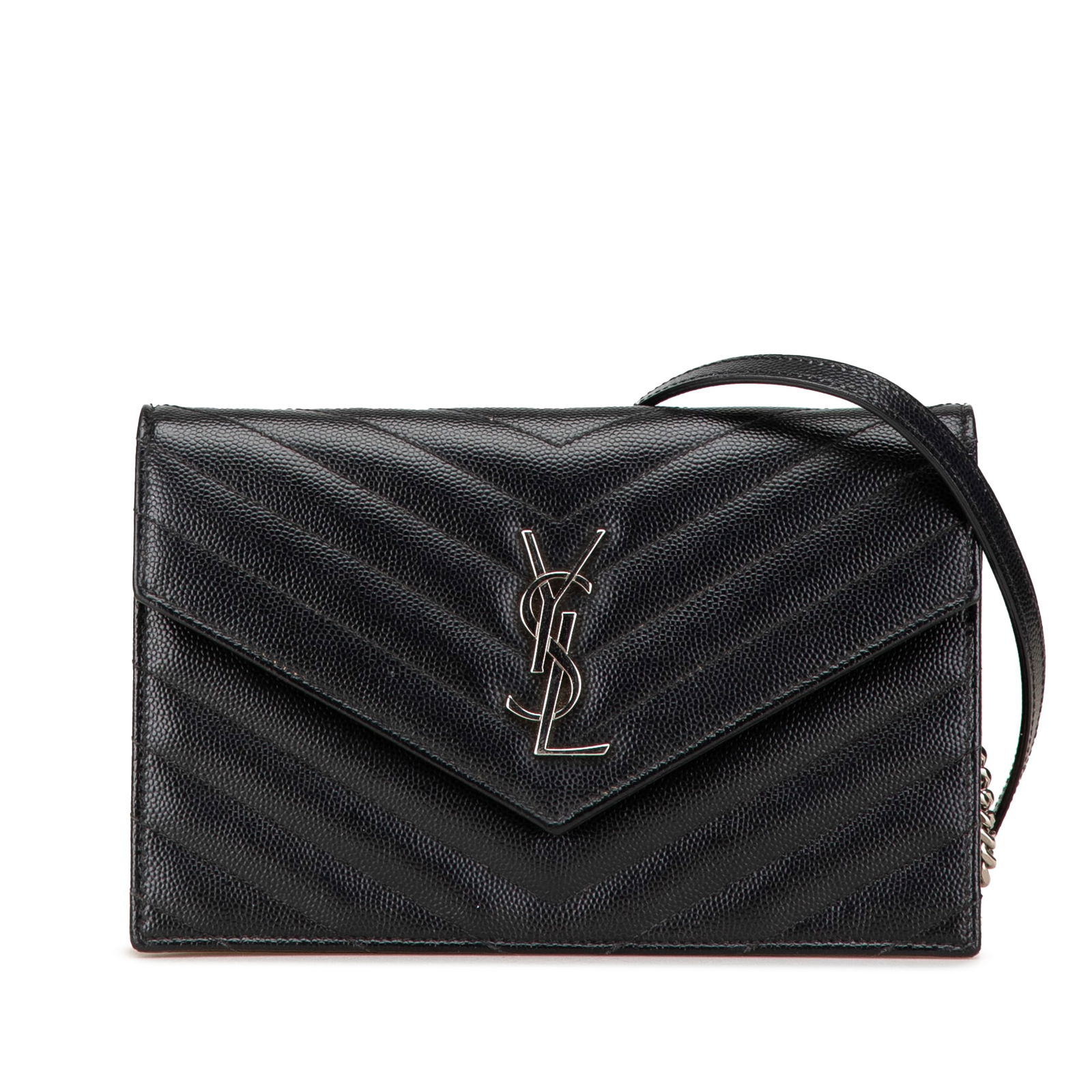 Saint Laurent Black Grain De Poudre Chevron Monogram Chain Wallet (1 of 13)