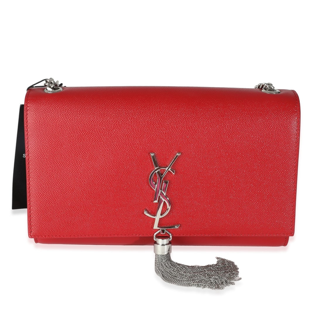 Saint Laurent Red Leather Medium Kate Tassel Satchel with Dustbag: Saint Laurent Red Leather Medium Kate Tassel Satchel with Dustbag Elevate your style with the Saint Laurent Red Grain De Poudre Medium Kate Tassel Satchel, a sophisticated shoulder bag crafted in Ital