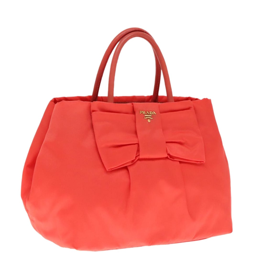 Orange Nylon Prada Bow Tote Bag for Women: Orange Nylon Prada Bow Tote Bag for Women This Prada Bow Tote is crafted from orange nylon and designed for women. It features a spacious silhouette with signature bow detailing. The bag shows some si