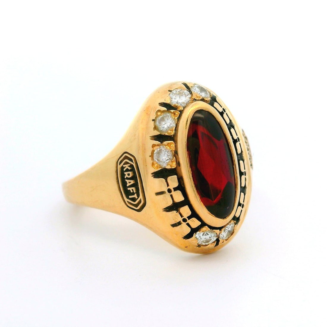 Collectible 1995 14k Yellow Gold Diamond Red Stone Ring: Collectible 1995 14k Yellow Gold Diamond Red Stone Ring This exquisite collectible ring from 1995 showcases a stunning combination of natural gemstones and solid 14k yellow gold. The ring features six