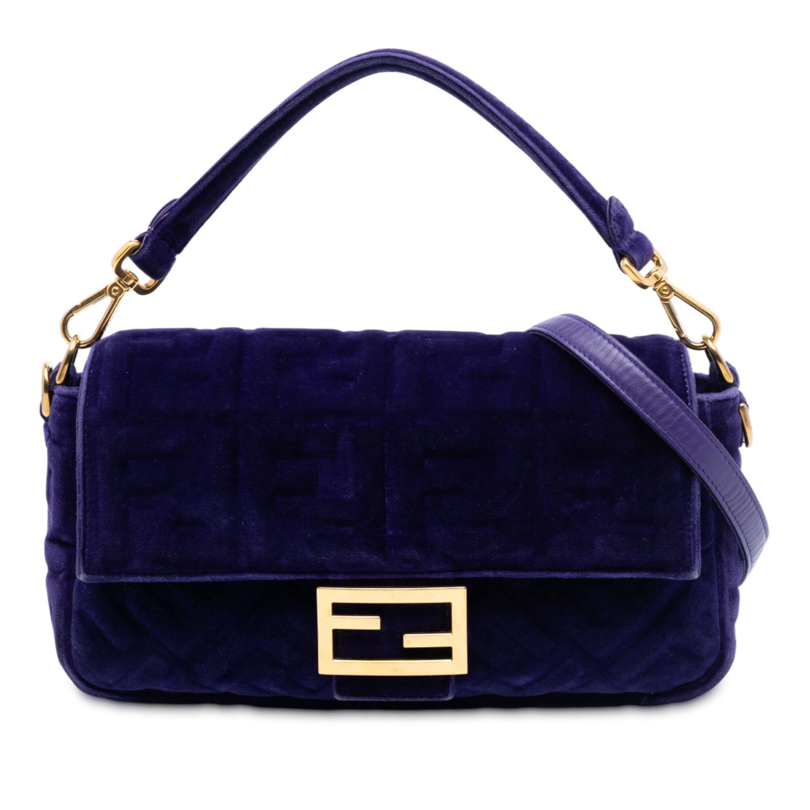 Fendi Zucca Velvet Baguette Satchel with Detachable Straps: Fendi Zucca Velvet Baguette Satchel with Detachable Straps This Fendi Zucca Embossed Velvet Baguette Satchel features a luxurious embossed velvet exterior in purple, a detachable handle, and a detacha