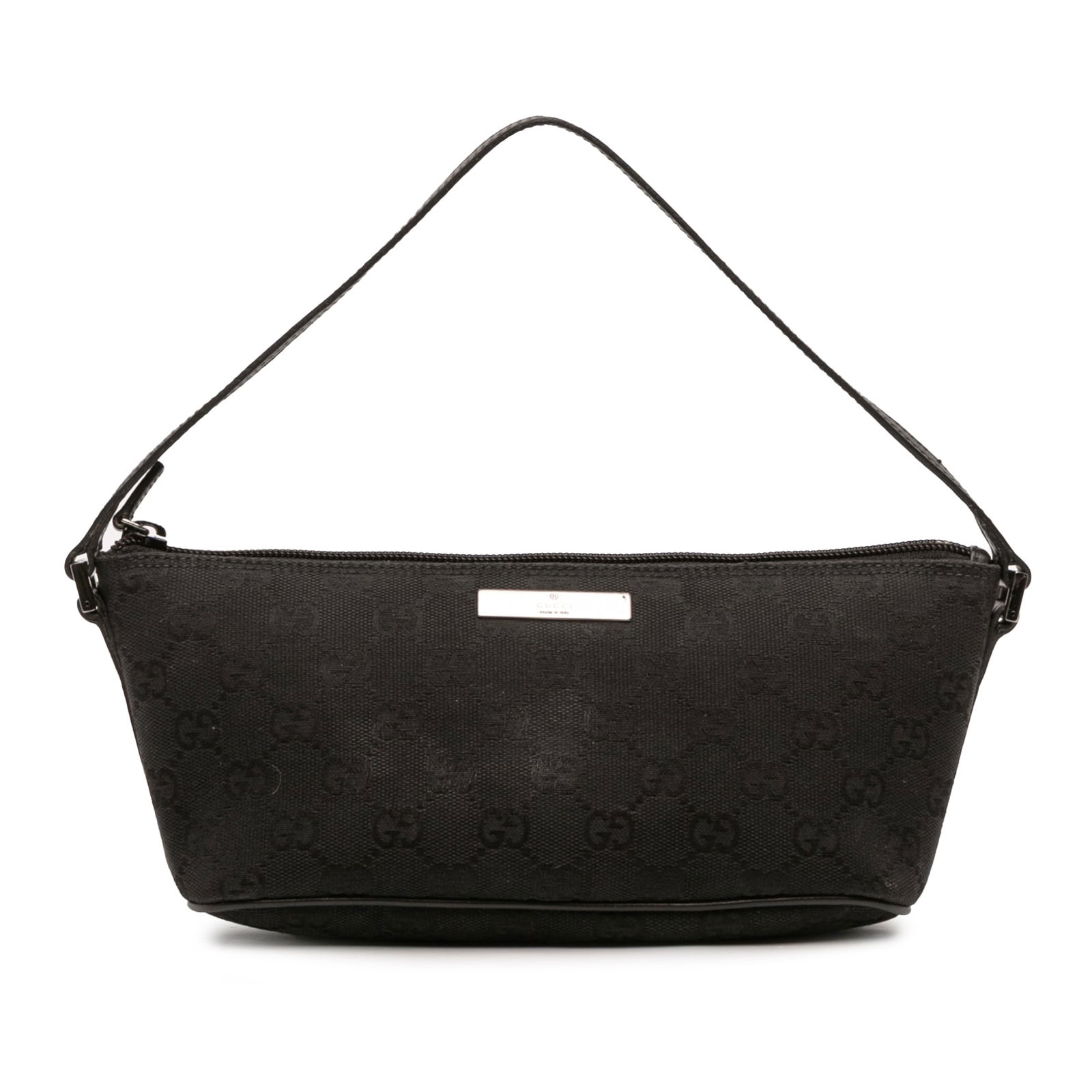 GG Canvas Boat Shoulder Bag with Leather Trim by Gucci: GG Canvas Boat Shoulder Bag with Leather Trim by Gucci This Gucci GG Canvas Boat shoulder bag features a black canvas body with leather trim, a flat leather strap, and a top zip closure. The bag shows