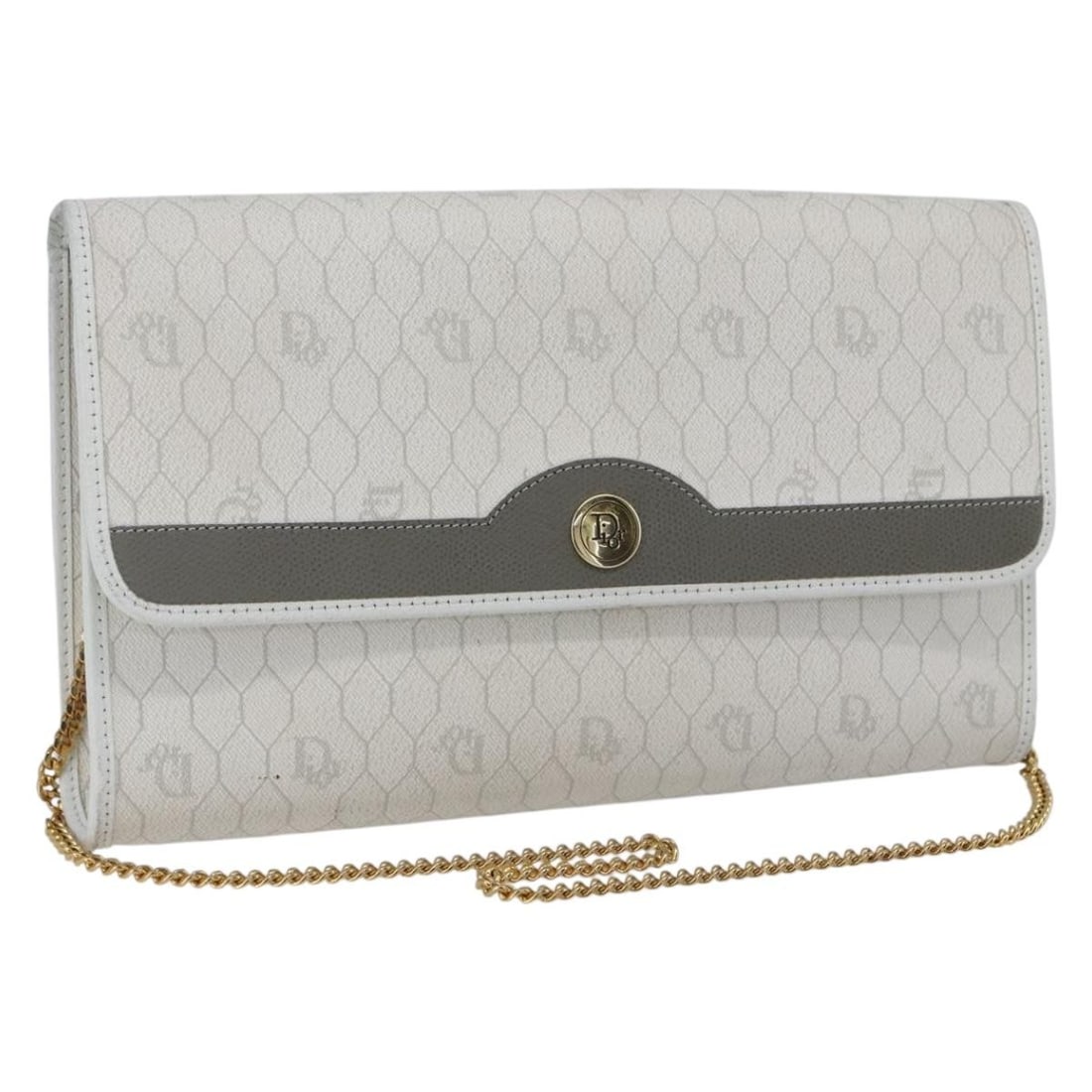 Christian Dior White and Gold Honeycomb PVC Leather Shoulder Chain Bag: Christian Dior White and Gold Honeycomb PVC Leather Shoulder Chain Bag This Christian Dior shoulder bag features a classic honeycomb canvas design in white and gold with PVC leather accents. The bag i