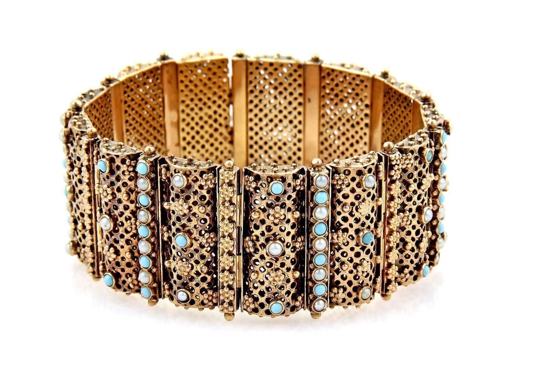 18k Yellow Gold Bracelet with Seed Pearls and Turquoise Cabochons (1 of 4)