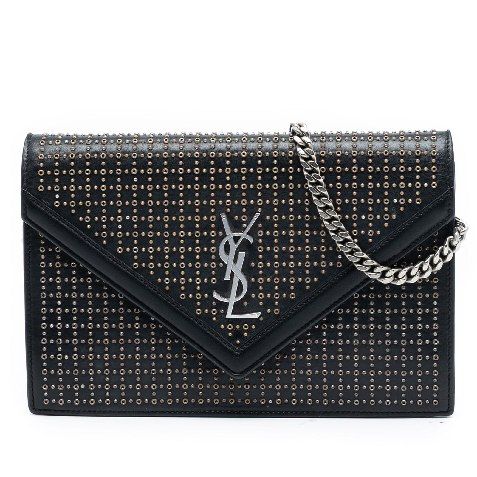 Saint Laurent Le Sept Black Leather Studded Chain Crossbody Bag: Saint Laurent Le Sept Black Leather Studded Chain Crossbody Bag This Saint Laurent Studded Leather Monogram Le Sept Chain Bag features a black leather body adorned with stud details. It is designed wi