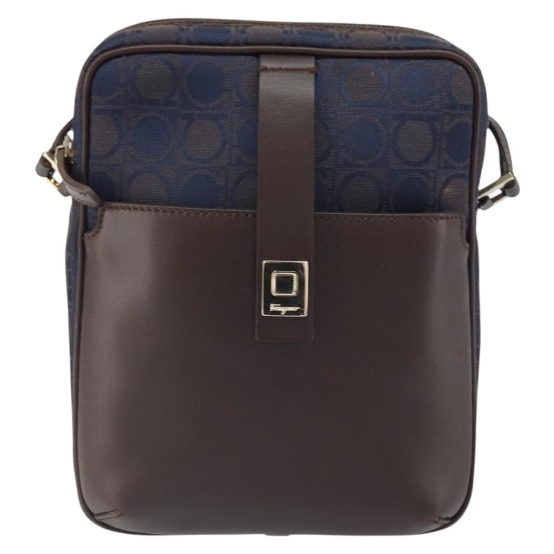 Navy Nylon Shoulder Bag by Salvatore Ferragamo Gancini: Navy Nylon Shoulder Bag by Salvatore Ferragamo Gancini This Salvatore Ferragamo Gancini shoulder bag for women features a navy nylon exterior with leather accents and metal fittings. It offers a compa