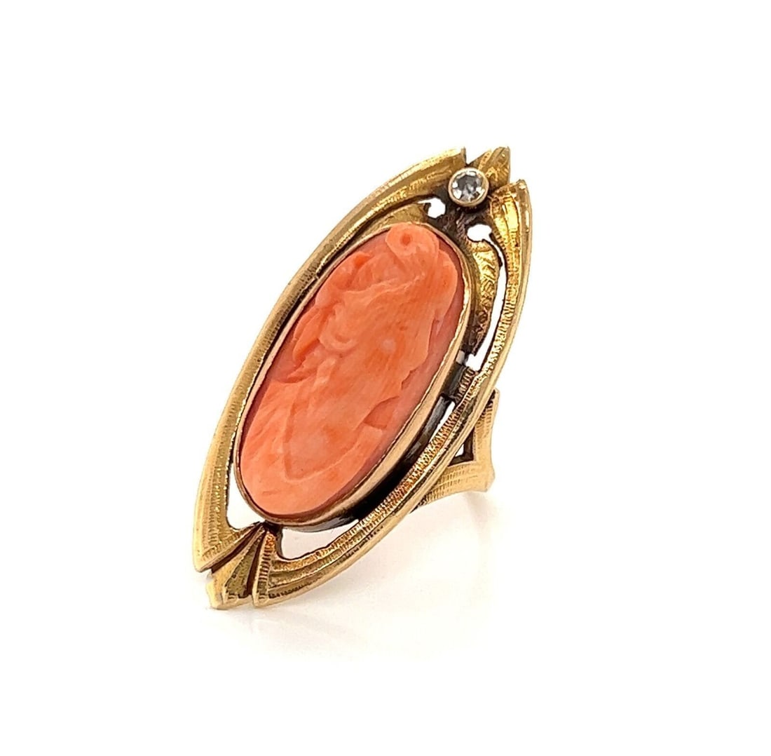 Vintage 14k Yellow Gold Ring with Diamond and Coral Cameo Size 6.5 (1 of 4)