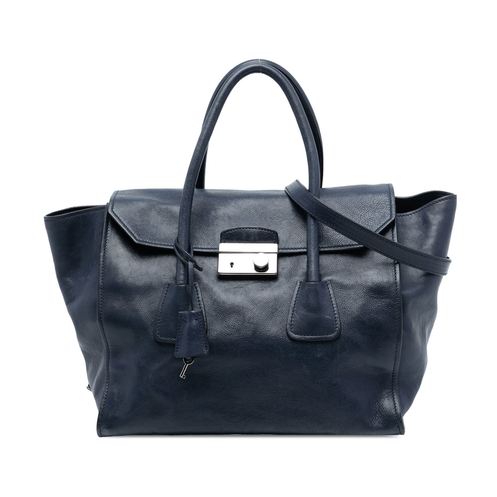 Prada Glace Calf Blue Leather Satchel with Detachable Strap: Prada Glace Calf Blue Leather Satchel with Detachable Strap This Prada Glace Calf Sound Lock Satchel features a blue leather body with rolled leather handles, a detachable strap, and a top flap secure