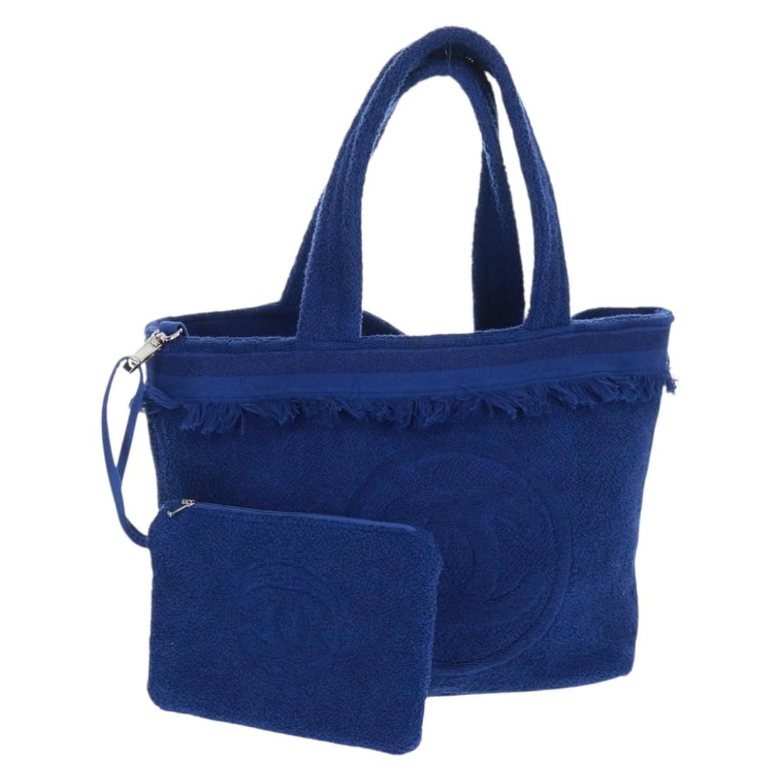 Blue Pile Decacoco Beach Handbag with Pouch by CHANEL: Blue Pile Decacoco Beach Handbag with Pouch by CHANEL This CHANEL Decacoco beach bag showcases a stylish and functional design crafted from blue pile material. It features a spacious main compartment