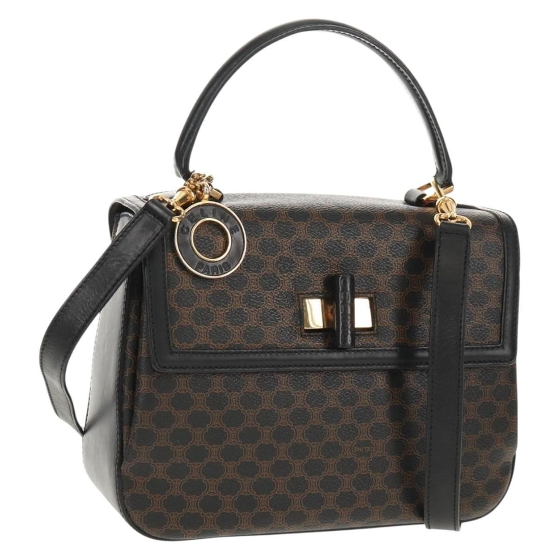 CELINE Macadam Canvas Hand Bag Black Gold PVC Leather Authentic (1 of 18)