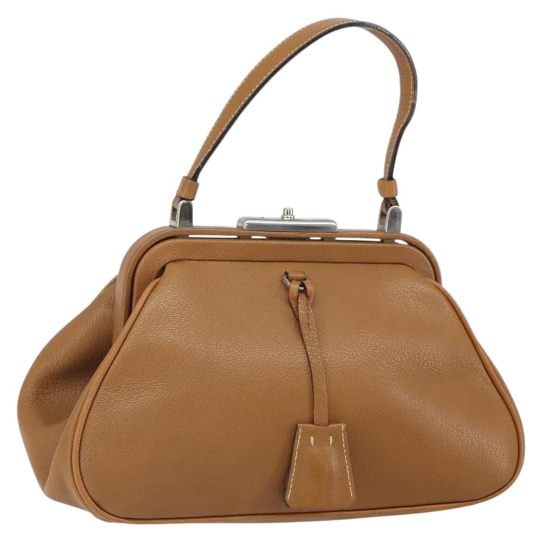 Brown Leather Prada Handbag with Silver Accents Made in Italy: Brown Leather Prada Handbag with Silver Accents Made in Italy This PRADA handbag is crafted from brown and silver leather, featuring a structured silhouette with dual handles. The bag includes two key