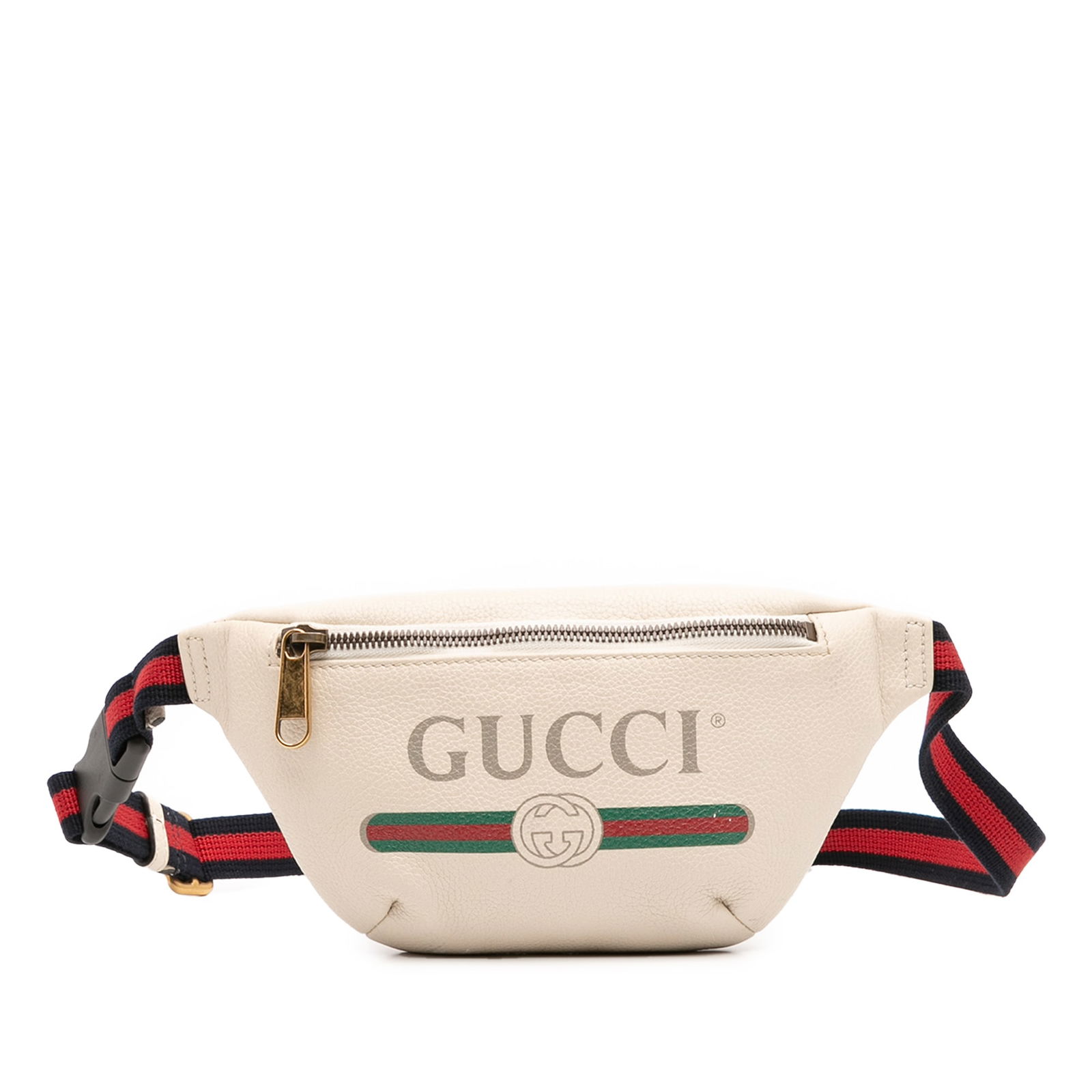 Gucci White Leather Logo Belt Bag with Adjustable Strap: Gucci White Leather Logo Belt Bag with Adjustable Strap The Gucci Leather Logo Belt Bag is a stylish accessory featuring a printed leather body with a top zip closure and an adjustable nylon strap sec