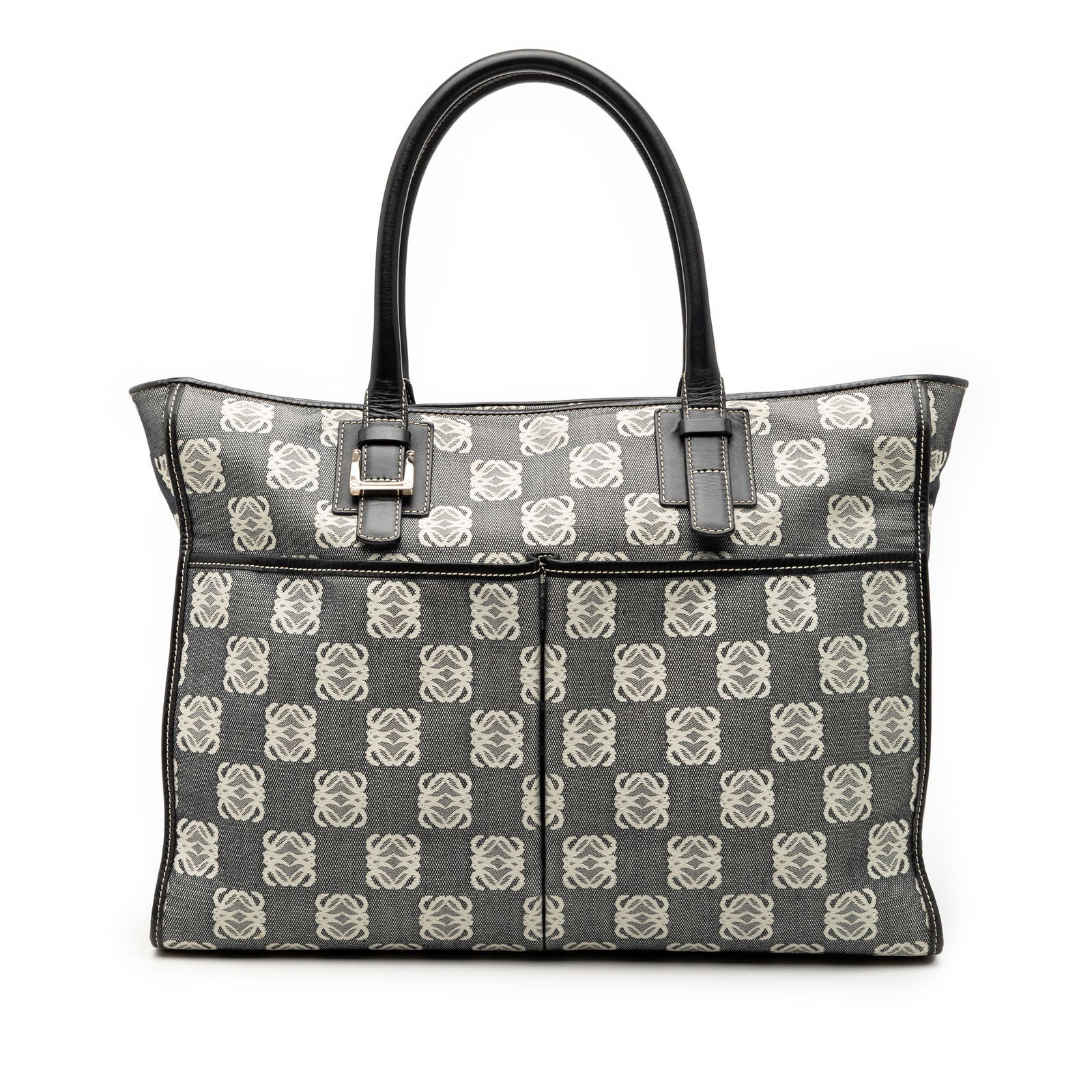 Loewe Anagram Gray Canvas Tote Bag with Leather Handles: Loewe Anagram Gray Canvas Tote Bag with Leather Handles This LOEWE Anagram Canvas Tote features a durable canvas body with rolled leather top handles. The bag is designed with a top zip closure, exter