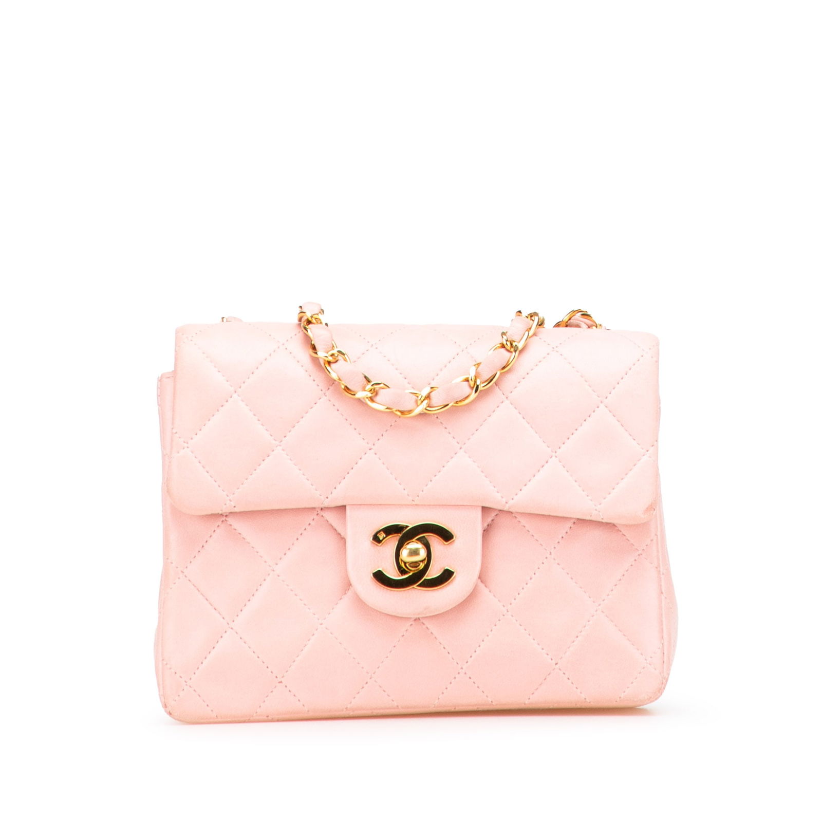Chanel Mini Square Classic Lambskin Crossbody Bag Pink: Chanel Mini Square Classic Lambskin Crossbody Bag Pink Introducing the Chanel Mini Square Classic Lambskin Single Flap, a sophisticated crossbody bag crafted from luxurious quilted lambskin leather. T