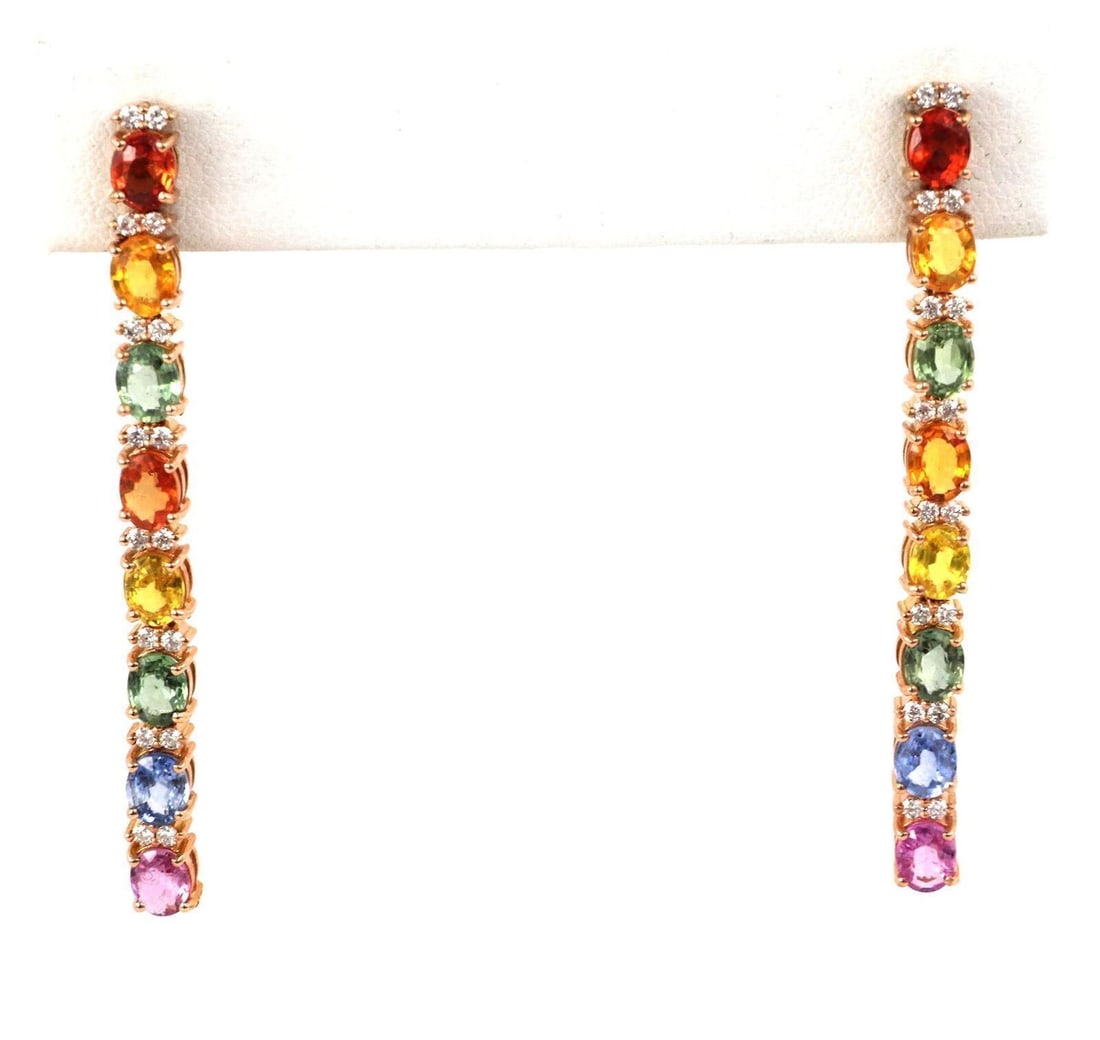 Dangle Earrings in 18k Rose Gold with Diamonds and Multicolor Sapphires: Dangle Earrings in 18k Rose Gold with Diamonds and Multicolor Sapphires These dangle earrings are crafted from 18k rose gold and adorned with a combination of diamonds and multicolor sapphires. The ea