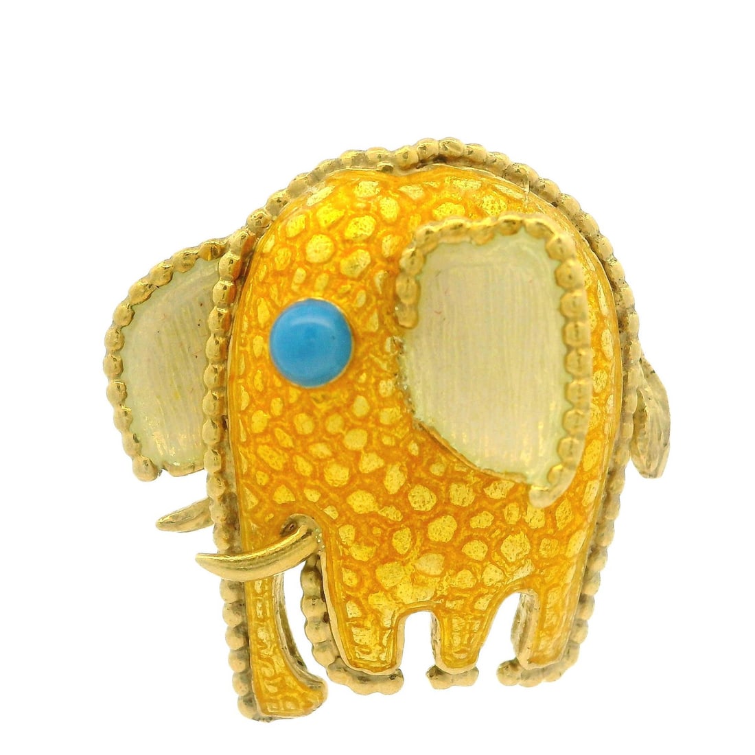 Whimsical Elephant Brooch in 17k Yellow Gold with Enamel: Whimsical Elephant Brooch in 17k Yellow Gold with Enamel This whimsical elephant pin brooch is crafted from high-quality yellow gold, featuring a vibrant bright yellow enamel design. The elephant, a s