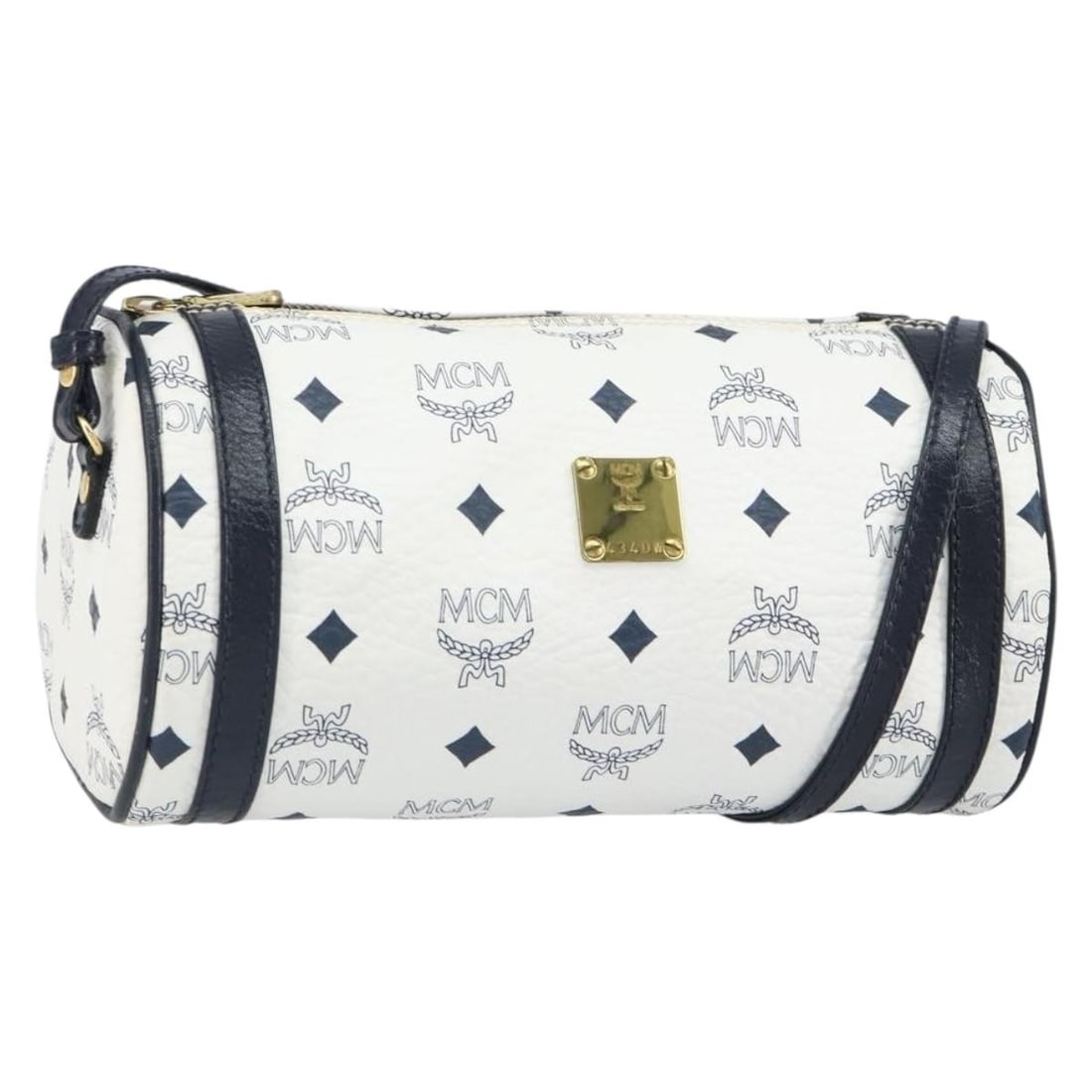 White and Gold PVC Leather MCM Vicetos Shoulder Bag with Dust Bag: White and Gold PVC Leather MCM Vicetos Shoulder Bag with Dust Bag This MCM Vicetos Logogram shoulder bag features a white and gold PVC leather exterior with the iconic MCM logogram design. The bag inc