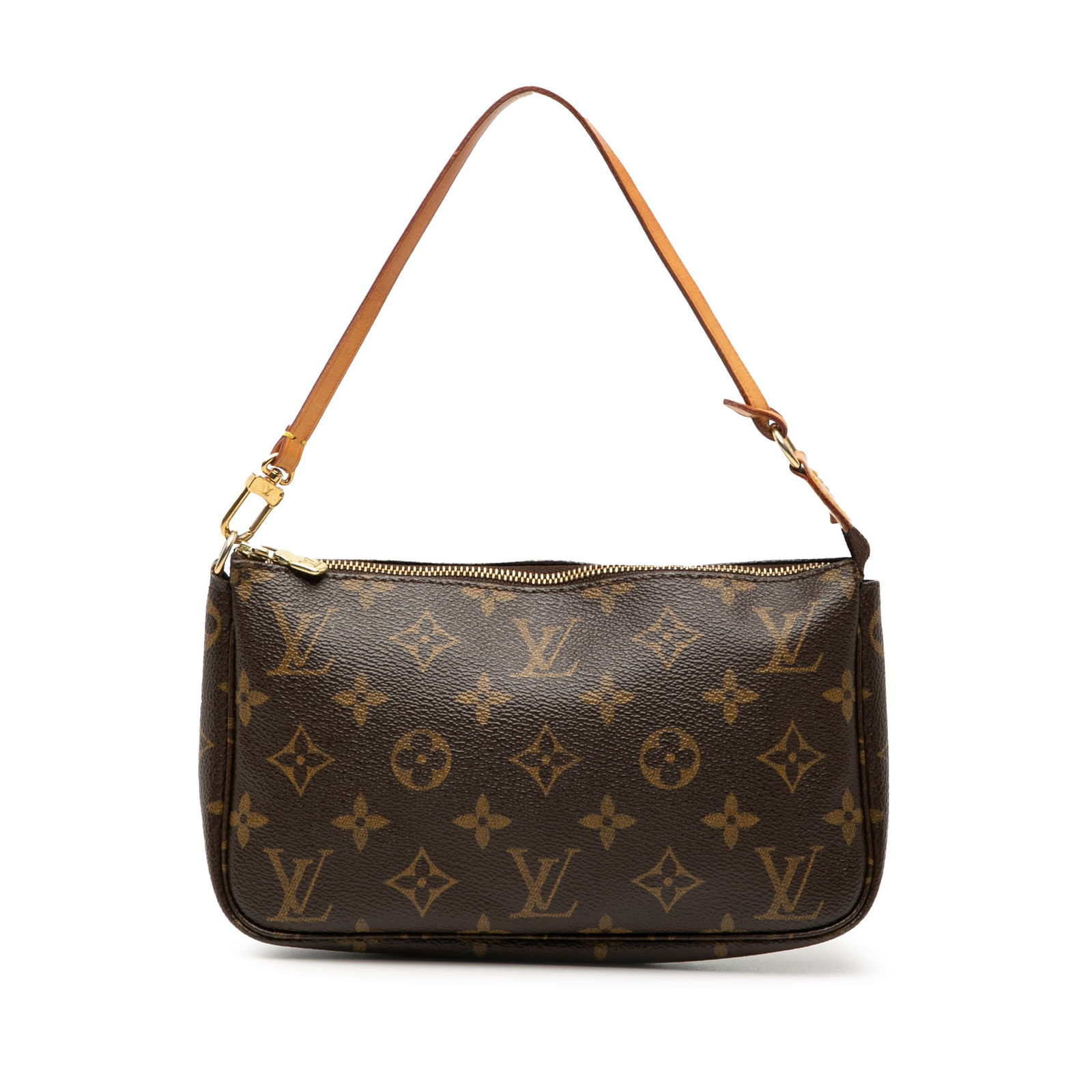 Louis Vuitton Brown Monogram Pochette Accessoires Canvas Bag with Leather Handle: Louis Vuitton Brown Monogram Pochette Accessoires Canvas Bag with Leather Handle This Louis Vuitton Monogram Pochette Accessoires features a monogram canvas exterior with a flat vachetta leather handl