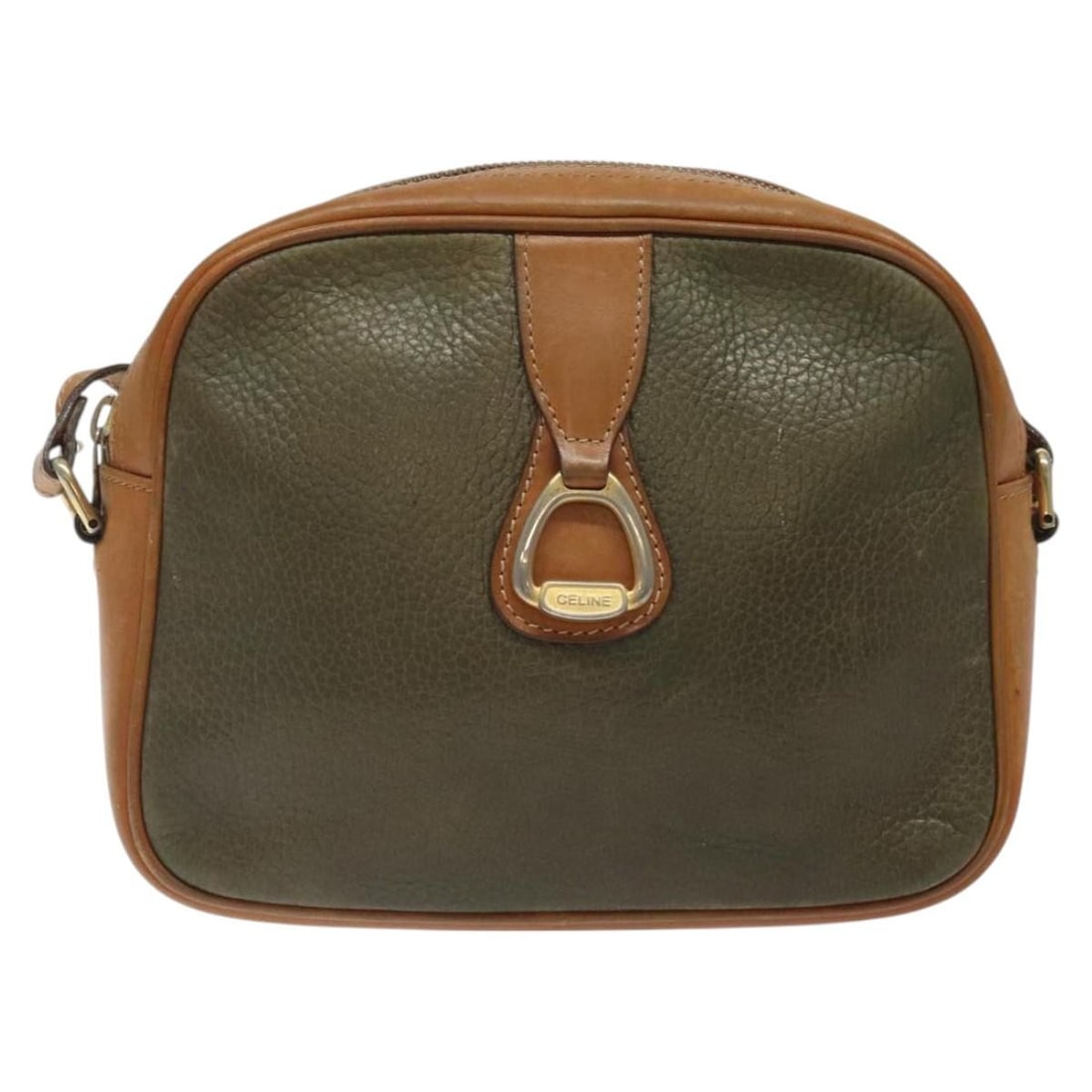 Khaki Leather Vintage Shoulder Bag by Celine Italy: Khaki Leather Vintage Shoulder Bag by Celine Italy This Celine vintage shoulder bag is crafted from khaki leather and designed for women. Made in Italy, it features a structured silhouette with signs