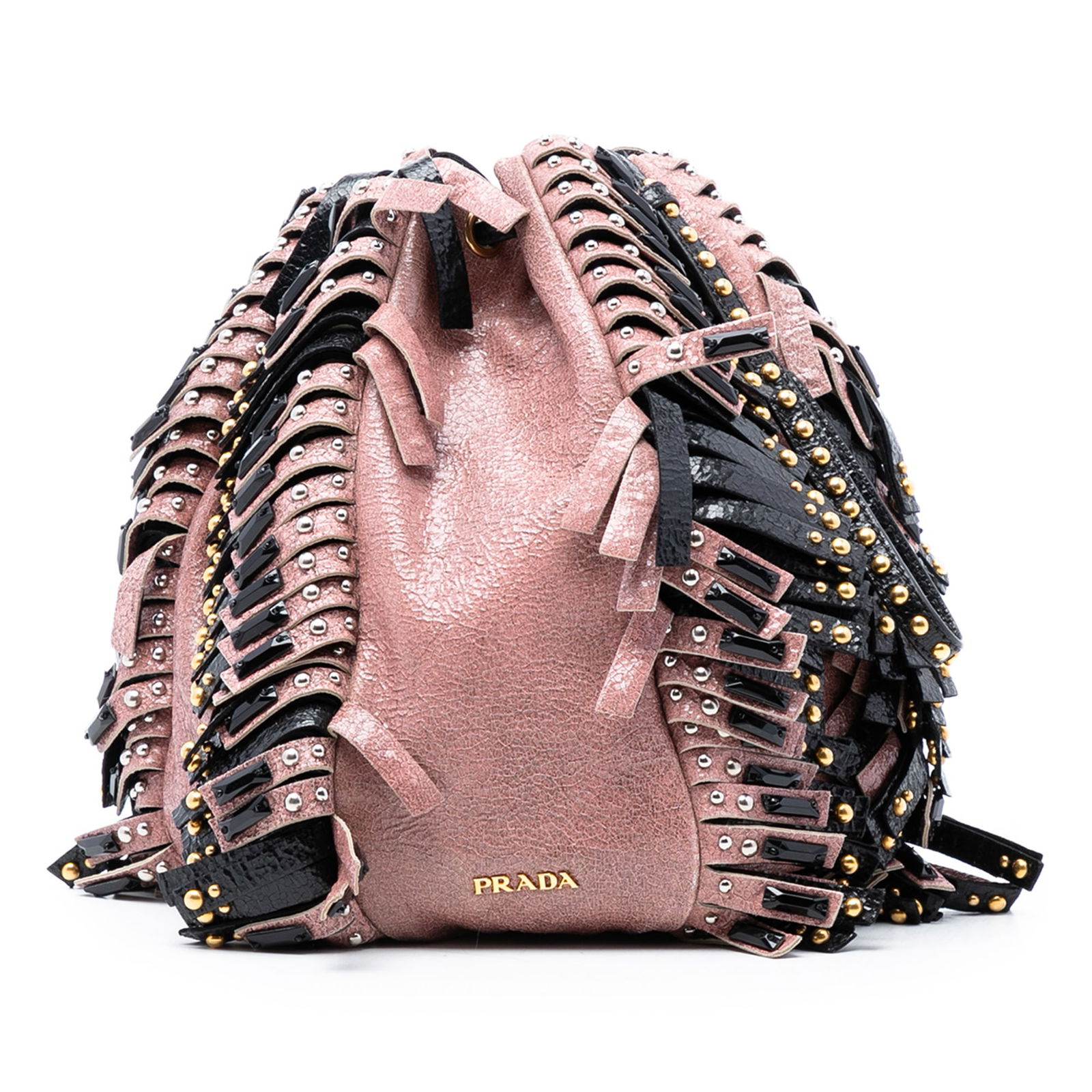 Prada Craquele Pink Leather Fringe Embellished Bucket Shoulder Bag: Prada Craquele Pink Leather Fringe Embellished Bucket Shoulder Bag This Prada bucket bag is crafted from crackled leather and features embellished fringe details. It has a flat strap and a top drawstr