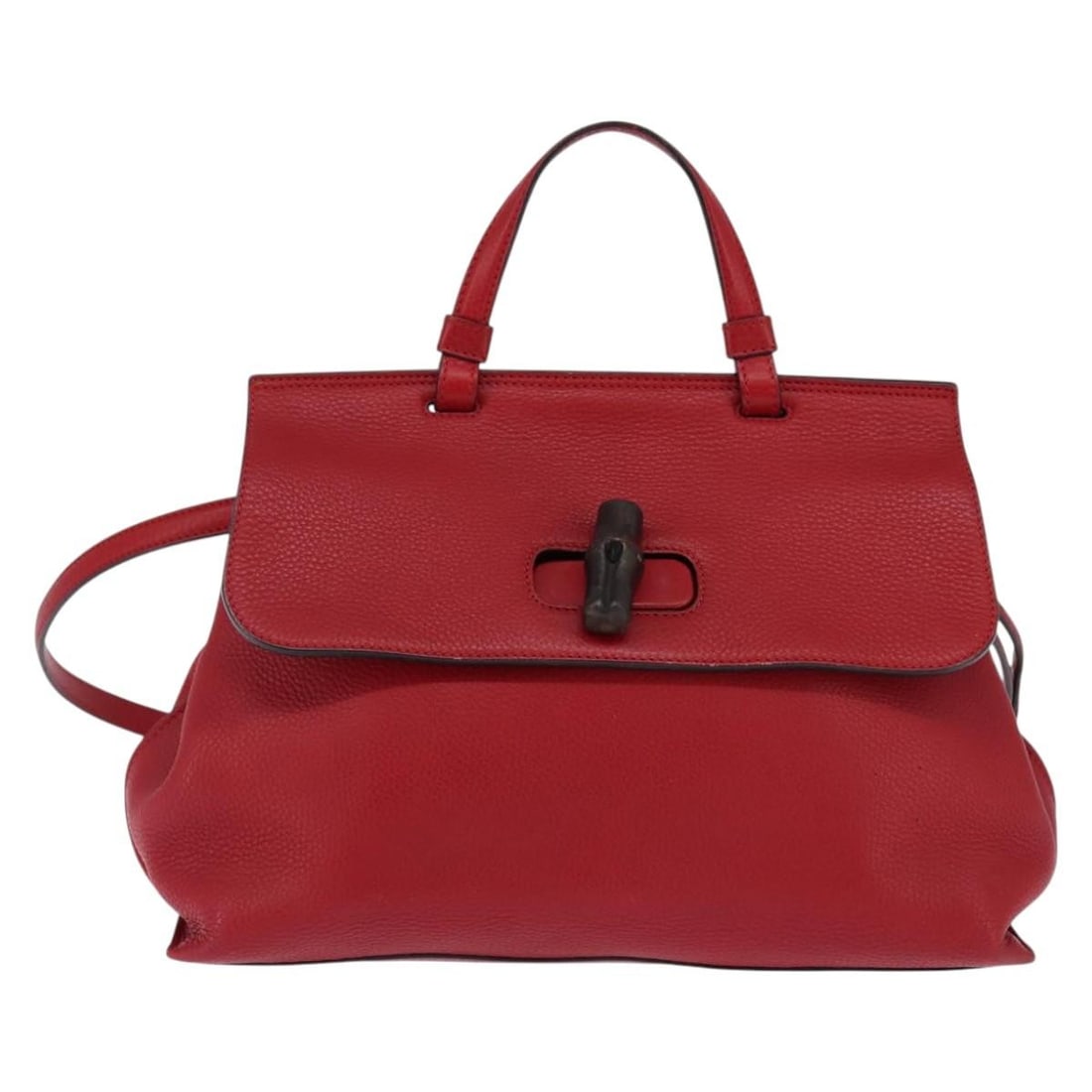 Gucci Leather Bamboo Daily Top Handle Handbag Red: Gucci Leather Bamboo Daily Top Handle Handbag Red This pre-owned Gucci Bamboo Daily Top Handle Bag for women features a vibrant red leather exterior and a signature bamboo top handle. The handbag meas