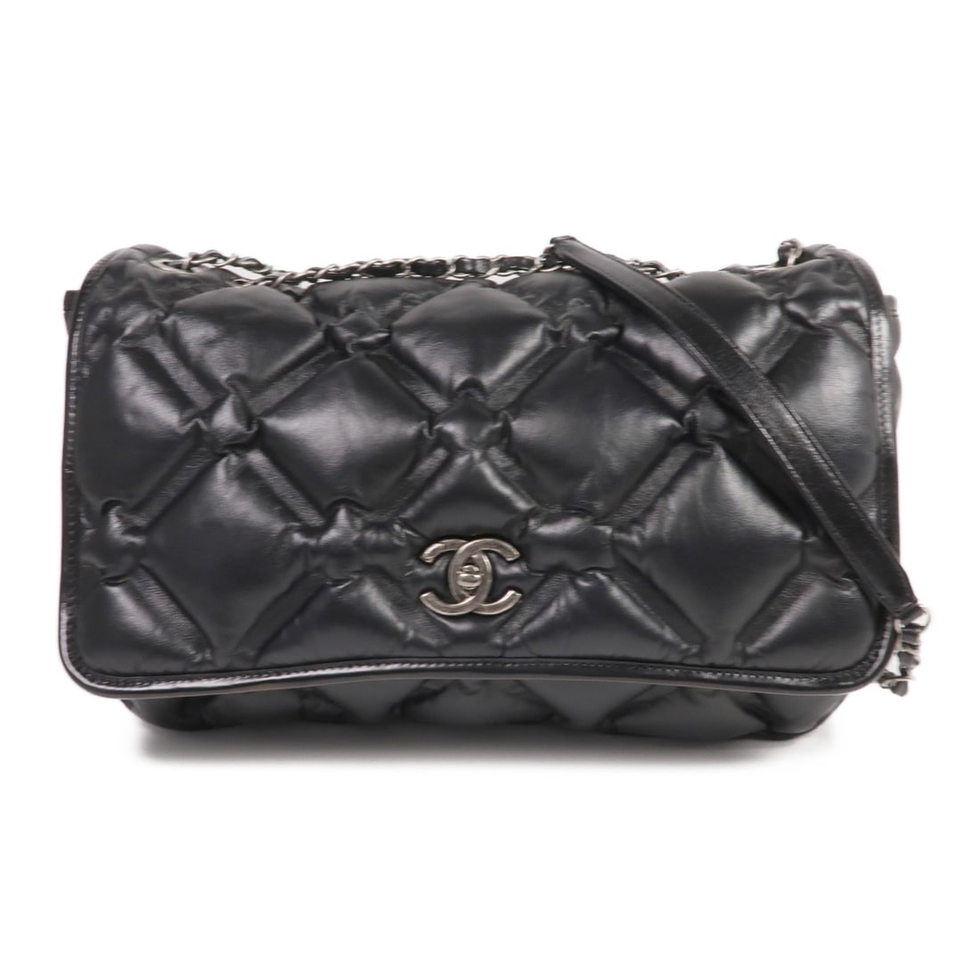 Black Calfskin Leather Chanel Chain Shoulder Bag with Silver Tone CC: Black Calfskin Leather Chanel Chain Shoulder Bag with Silver Tone CC This CHANEL shoulder bag is crafted from black calfskin leather and features the iconic CC logo. Designed in a classic silhouette,