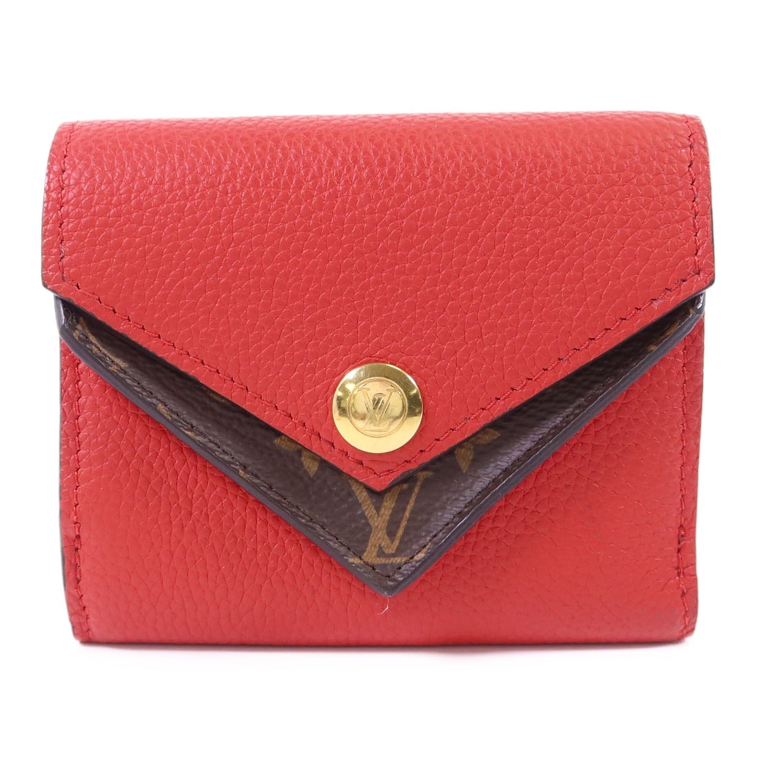 Double V Monogram Compact Wallet by Louis Vuitton in Brown and Red: Double V Monogram Compact Wallet by Louis Vuitton in Brown and Red This Louis Vuitton Double V Compact Wallet features a tri-fold design crafted from PVC coated canvas in brown with red accents. The w