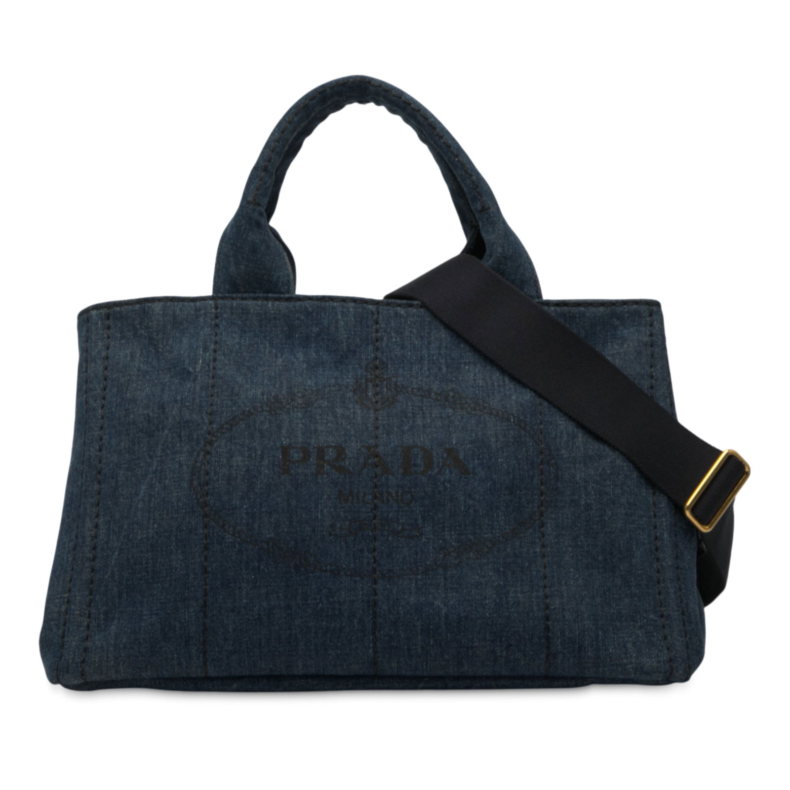 Blue Fabric Satchel Prada Denim Canapa with Detachable Strap: Blue Fabric Satchel Prada Denim Canapa with Detachable Strap This Prada Denim Canapa Logo Satchel features a blue denim fabric body with rolled handles and a detachable strap. The bag has an open top