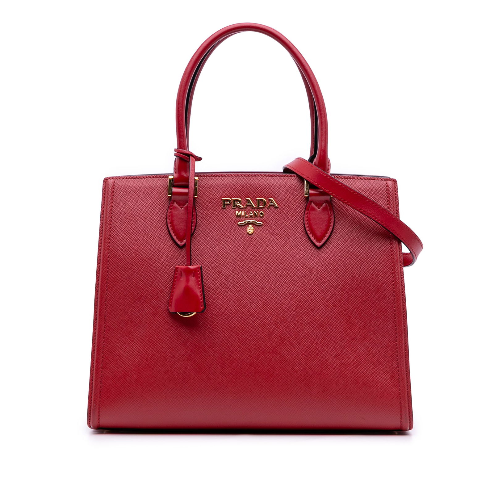 Prada Red Saffiano Leather Soft Calf Trimmed Tote Bag: Prada Red Saffiano Leather Soft Calf Trimmed Tote Bag This Prada Soft Calf Trimmed Saffiano Convertible Tote showcases a luxurious saffiano leather body complemented by soft calfskin leather trim. It