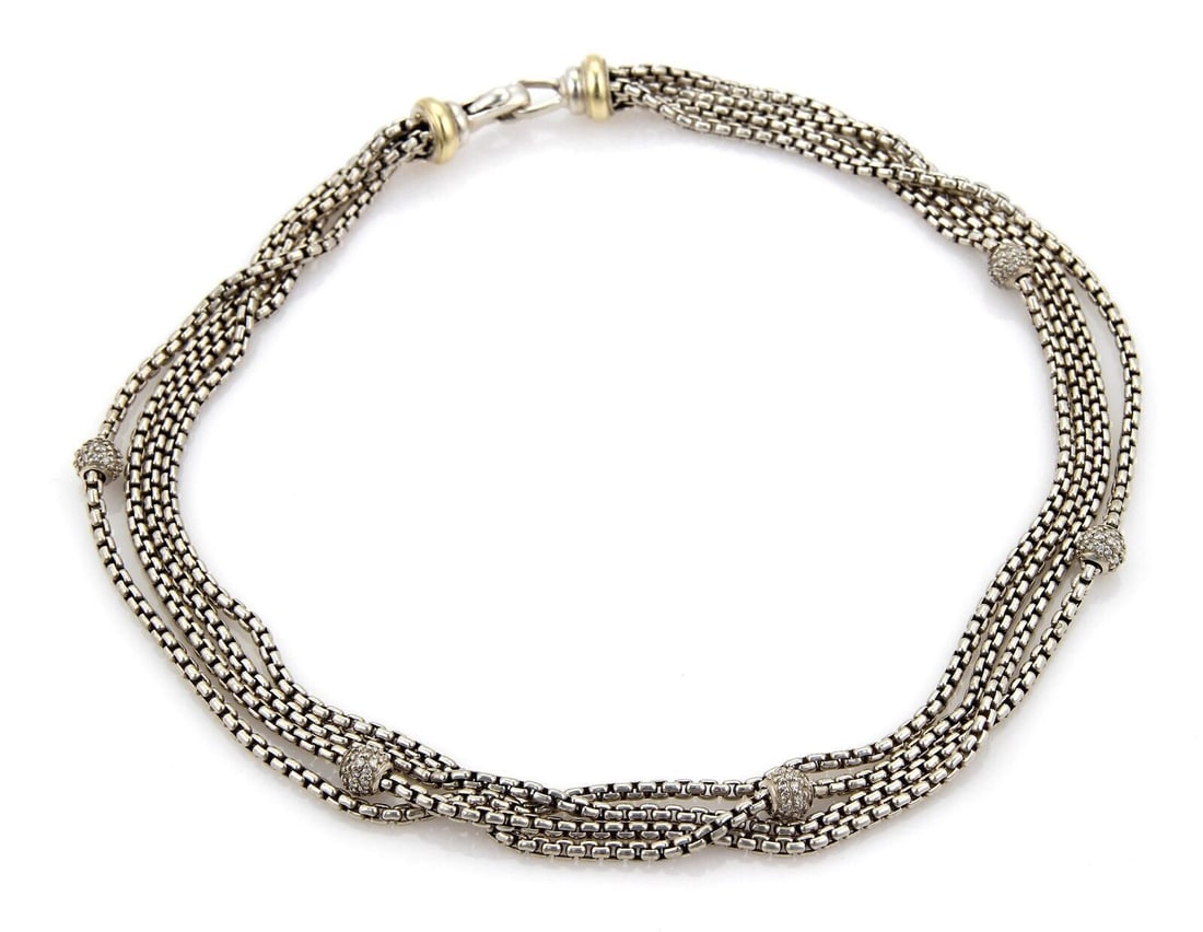 Choker Necklace in Sterling Silver 18k Gold and Diamonds by David Yurman: Choker Necklace in Sterling Silver 18k Gold and Diamonds by David Yurman This David Yurman necklace is an original choker style featuring multiple strands of box chain crafted from sterling silver and