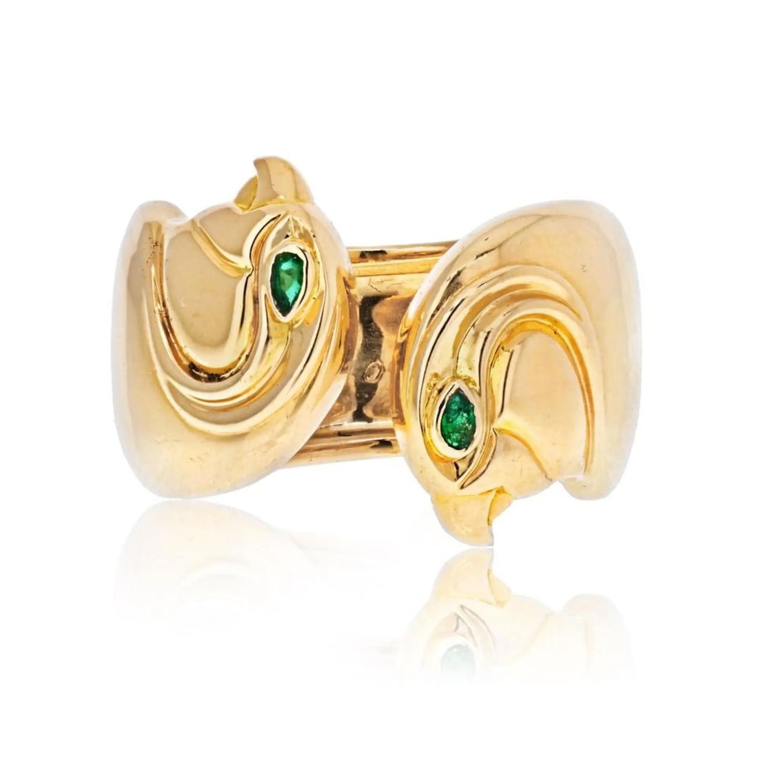Vintage Cartier Anoubois Ring 18K Yellow Gold Falcon Heads with Emerald Eyes: Vintage Cartier Anoubois Ring 18K Yellow Gold Falcon Heads with Emerald Eyes Discover the elegance of this vintage Cartier Anoubois Ring, featuring a striking design inspired by ancient Egyptian motif
