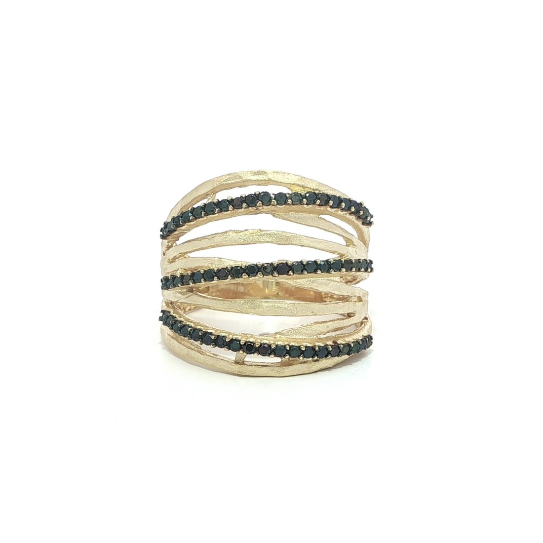 Black Stone Openwork Band in 14k Yellow Gold Stack Style Size 6.5: Black Stone Openwork Band in 14k Yellow Gold Stack Style Size 6.5 This 14k yellow gold band ring features an overlapping open work design with a stack look. It is set with 57 round brilliant cut black