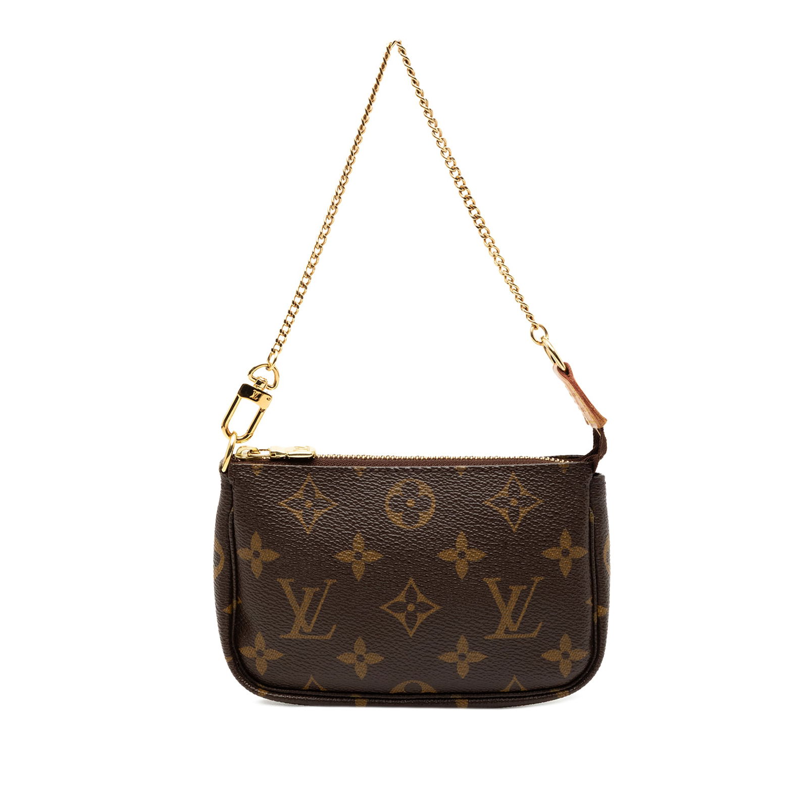 Louis Vuitton Mini Monogram Pochette Bag with Chain Strap: Louis Vuitton Mini Monogram Pochette Bag with Chain Strap This Louis Vuitton Mini Pochette Accessoires features the iconic monogram canvas body with a gold-tone chain strap and a top zip closure. The