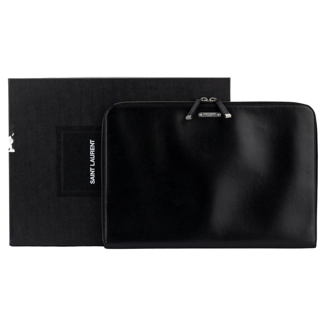 Yves Saint Laurent Black Leather Document Folder Clutch with Box: Yves Saint Laurent Black Leather Document Folder Clutch with Box This elegant document folder by Yves Saint Laurent is crafted from smooth black leather, offering a sophisticated accessory for both pr