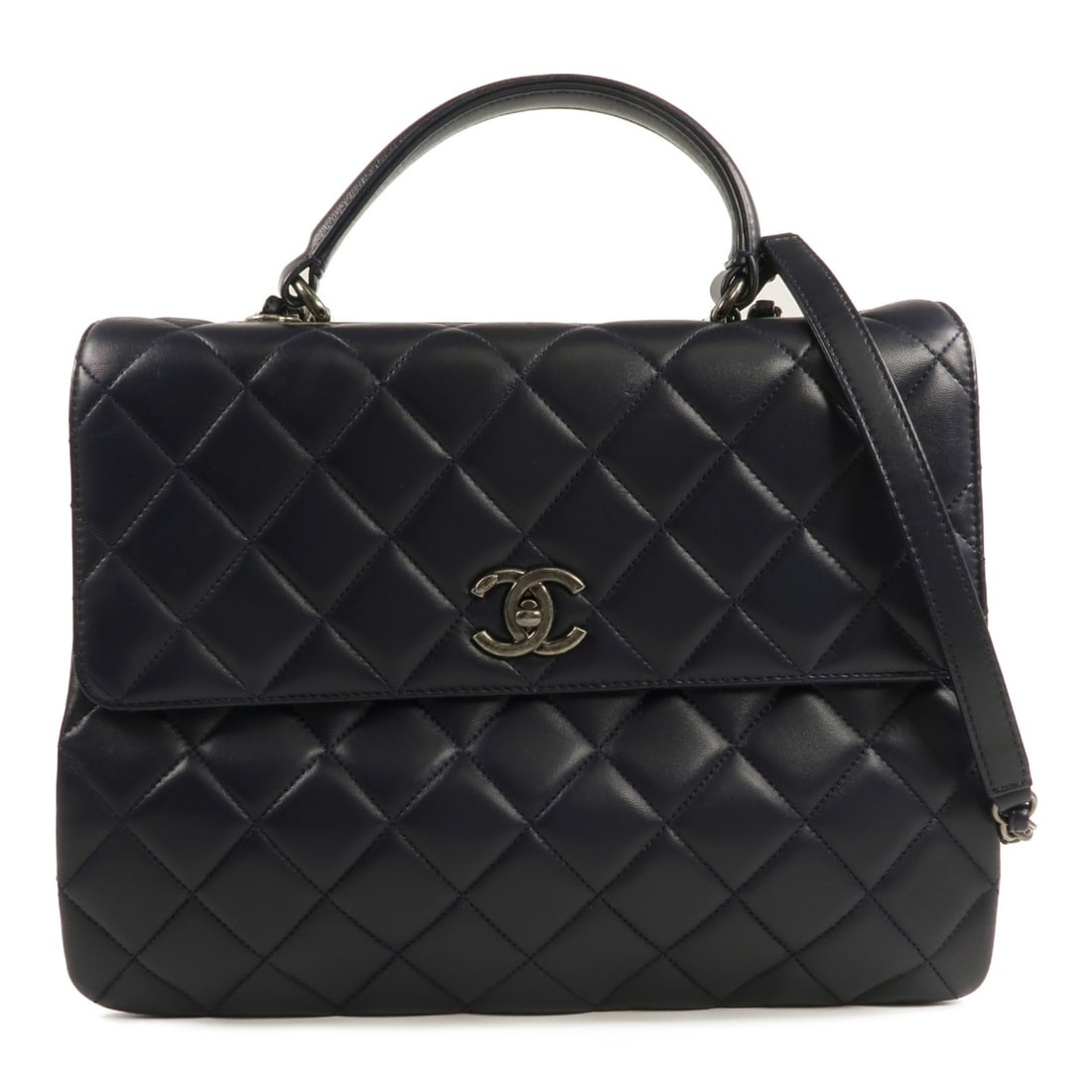 Navy Lambskin 2 Way Large Shoulder Bag Chanel Trendy CC Silver Hardware: Navy Lambskin 2 Way Large Shoulder Bag Chanel Trendy CC Silver Hardware This CHANEL Trendy CC large 2-way shoulder bag is crafted from navy lambskin leather and features silver-tone hardware. Made in