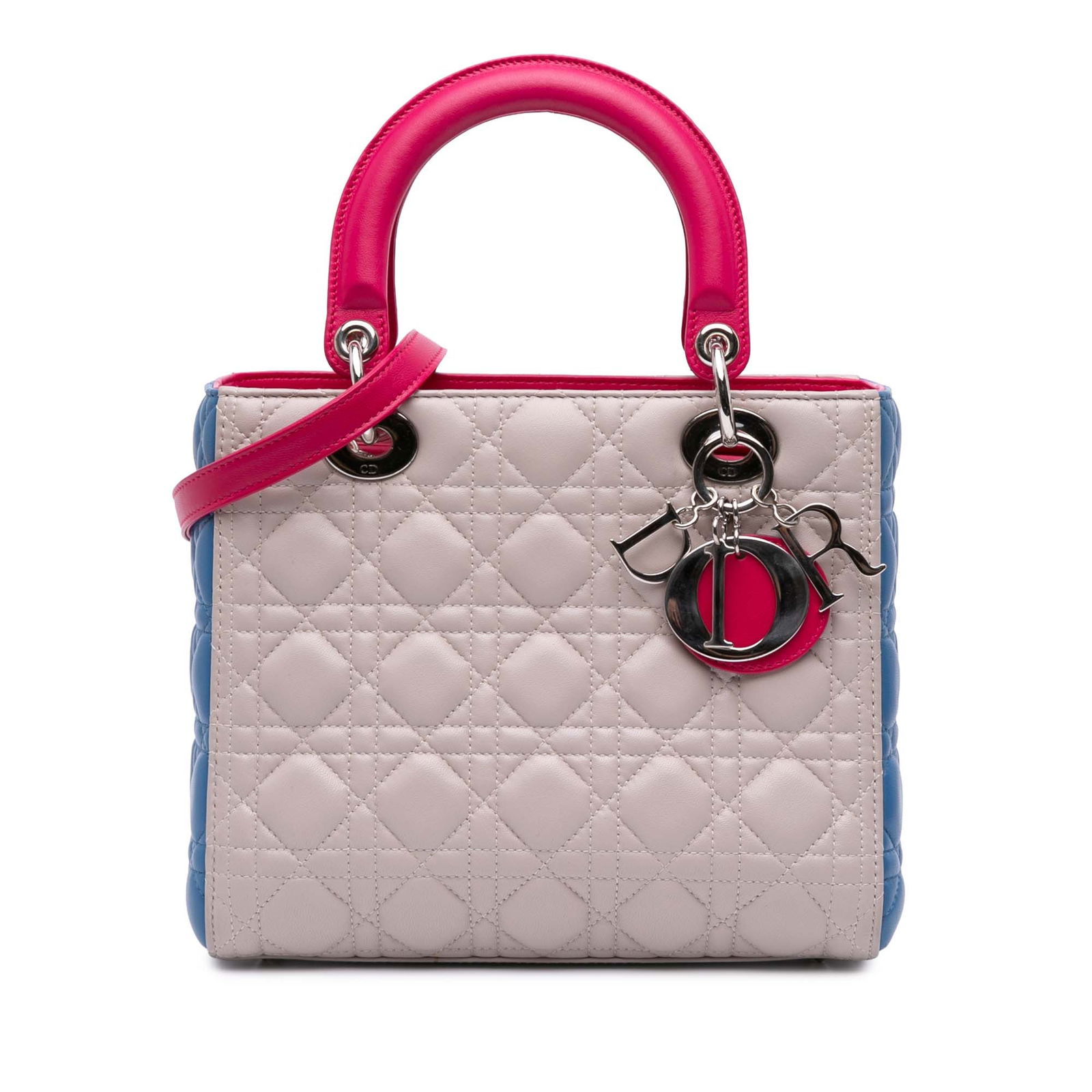 Dior Medium Tricolor Lambskin Cannage Lady Dior Bag: Dior Medium Tricolor Lambskin Cannage Lady Dior Bag The Medium Tricolor Lambskin Cannage Lady Dior bag is a stunning accessory crafted from soft lambskin leather. It features elegant flat leather top