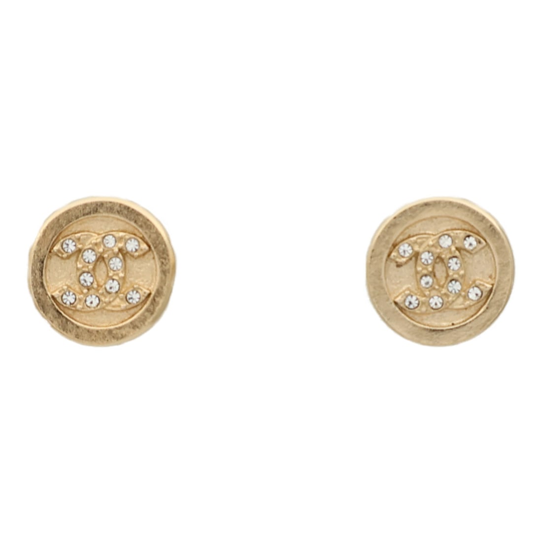Gold Tone Pierced Earrings with CC Logo by CHANEL: Gold Tone Pierced Earrings with CC Logo by CHANEL These CHANEL CC pierced earrings feature a gold-colored metal design with the iconic CC logo. Made in France, they do not contain any main stone. The