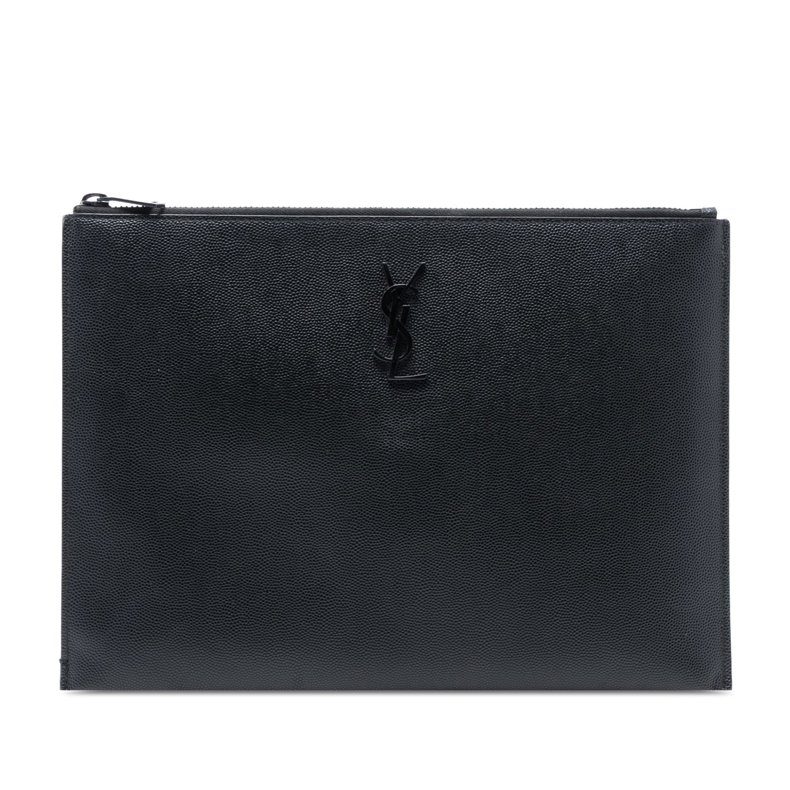 Leather iPad Clutch Bag by Saint Laurent Grain De Poudre Monogram: Leather iPad Clutch Bag by Saint Laurent Grain De Poudre Monogram This Saint Laurent Grain De Poudre Monogram Monochrome iPad case features a black leather exterior with a top zip closure and interior