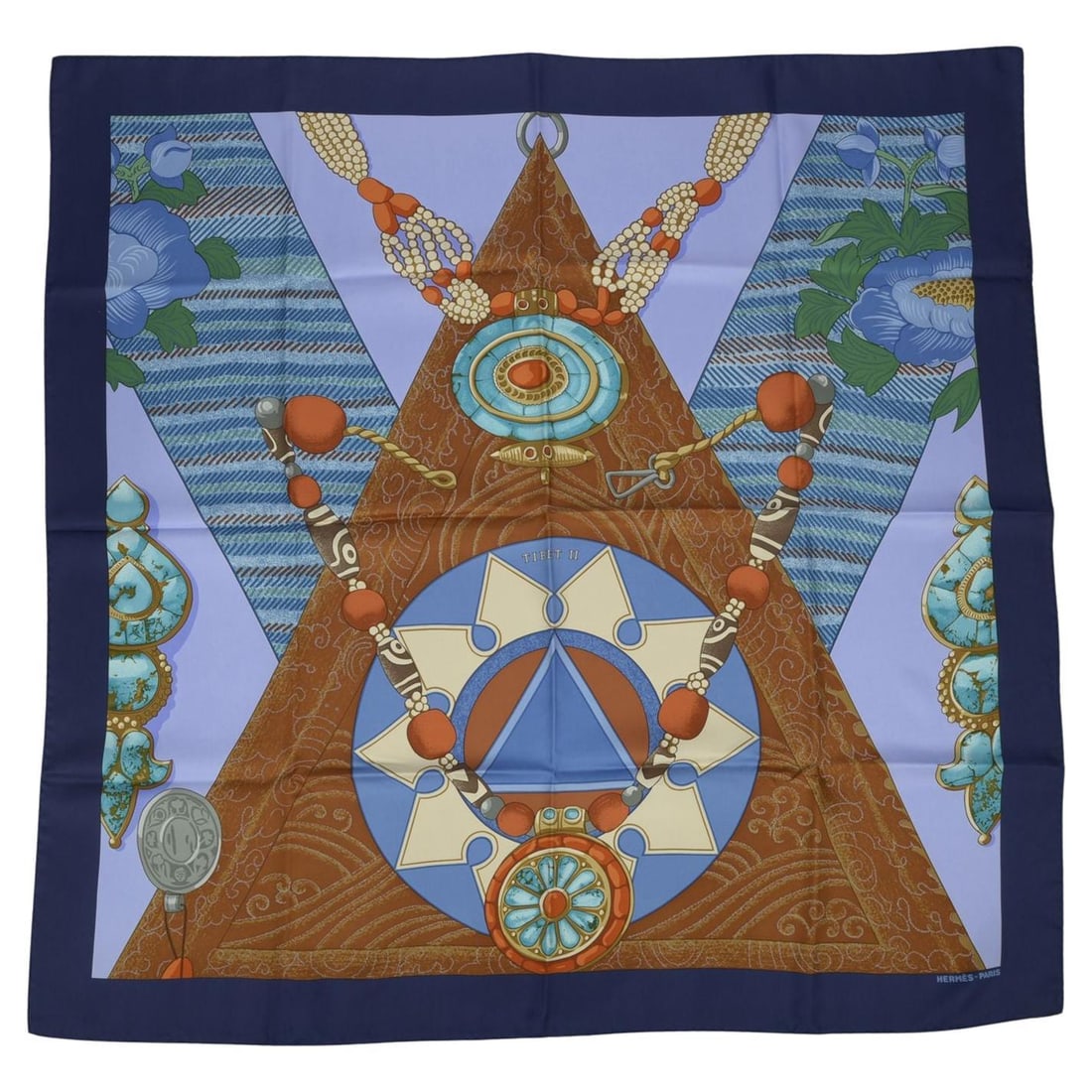Tibet II Silk Square by Hermes 35 Inch Blue Design by Cathy Latham: Tibet II Silk Square by Hermes 35 Inch Blue Design by Cathy Latham The Hermes "Tibet II" scarf is crafted from 100% silk and showcases an intricate design by Cathy Latham. The print artistically celeb