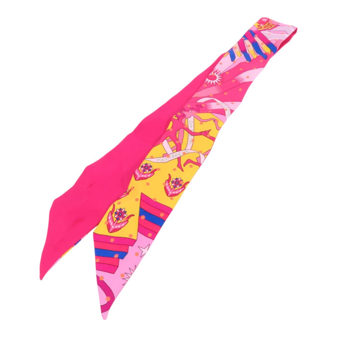 HERMES Twilly Silk Scarf Pink Yellow Multi Color: HERMES Twilly Silk Scarf Pink Yellow Multi Color Elevate your accessory collection with this exquisite HERMES Twilly Scarf. Crafted from luxurious silk, this scarf showcases a vibrant combination of p
