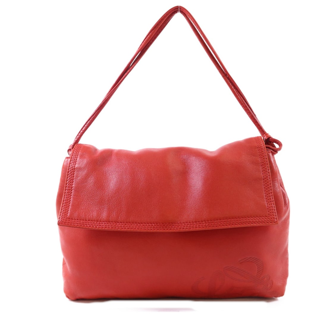 Red Lambskin Shoulder Bag by Loewe with Gold Hardware: Red Lambskin Shoulder Bag by Loewe with Gold Hardware This LOEWE shoulder bag features supple lambskin leather in a striking red color. Made in Spain, the bag offers a regular size and a sleek, struct