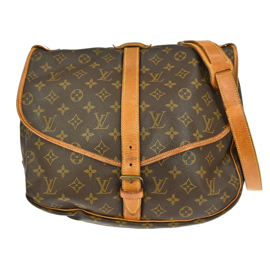 Monogram Canvas Louis Vuitton Saumur Shoulder Bag Brown Unisex: Monogram Canvas Louis Vuitton Saumur Shoulder Bag Brown Unisex This Louis Vuitton Saumur handbag features the iconic Monogram canvas design in brown. Designed for unisex use, it offers a spacious inte