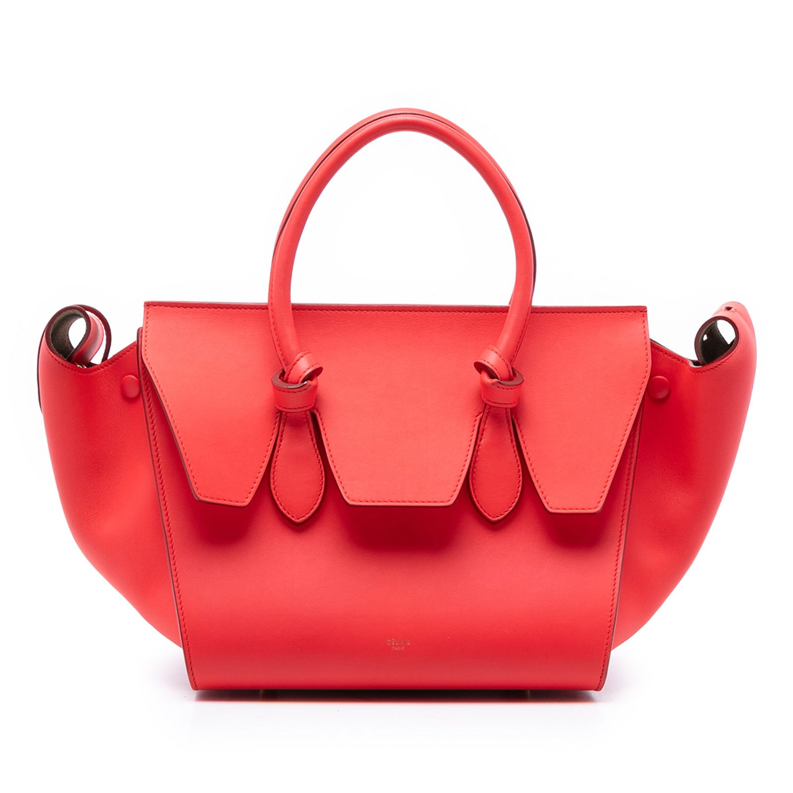 Celine Tie Knot Small Red Leather Top Handle Bag: Celine Tie Knot Small Red Leather Top Handle Bag This Celine Small Smooth Calfskin Tie Knot Handbag features a red leather body with rolled leather handles, a top flap, and pull-through closure. The i