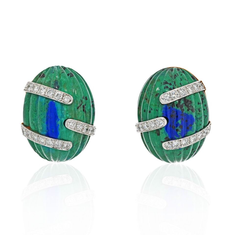 David Webb 18K Gold Platinum Azurmalachite Diamond Clip Earrings: David Webb 18K Gold Platinum Azurmalachite Diamond Clip Earrings Introducing the exquisite David Webb Platinum and 18K Yellow Gold Azurmalachite and Diamond Bombe Fluted Clip Earrings. These stunning