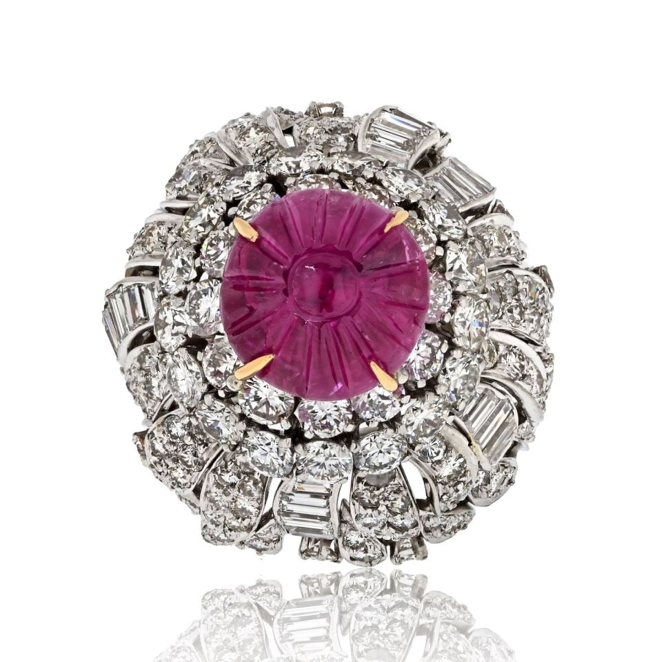 David Webb Platinum 18K White Gold Ruby Diamond Bombe Ring 15 Cts: David Webb Platinum 18K White Gold Ruby Diamond Bombe Ring 15 Cts This exquisite David Webb cocktail ring features a stunning design crafted from platinum and 18K white gold. The ring showcases a bomb