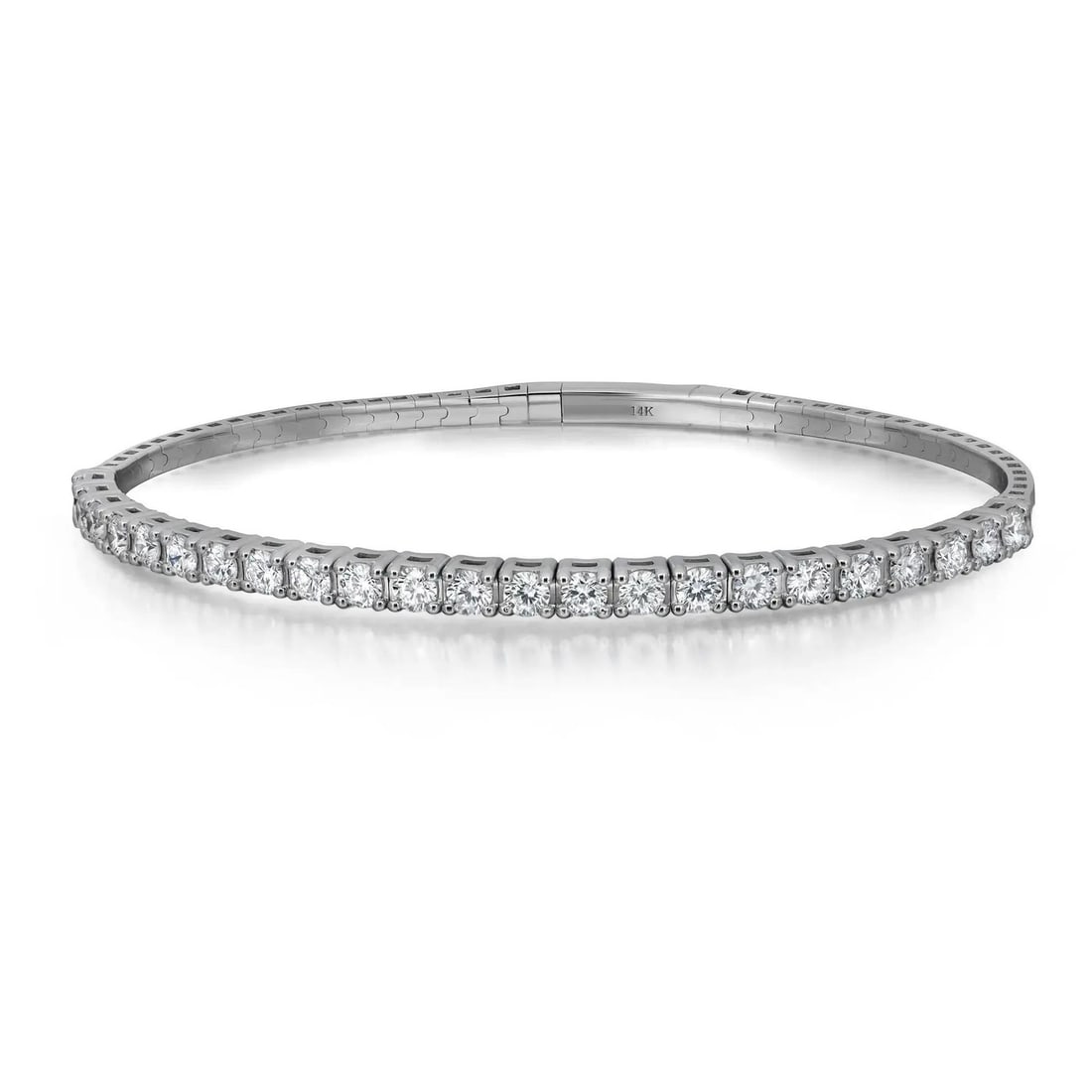 Rachel Koen 14k White Gold Flex Bangle with Lab Grown Round Diamonds 2.25ctw: Rachel Koen 14k White Gold Flex Bangle with Lab Grown Round Diamonds 2.25ctw This elegant bangle bracelet is crafted from 14k white gold and features 23 lab-grown round brilliant cut diamonds set half